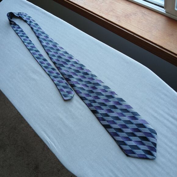 Stafford Silk Neck Tie purple black stripes geometric checkered 56" L x 4" W - Picture 3 of 8